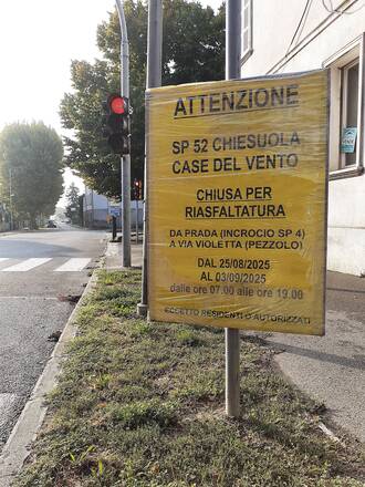 Circolazione del traffico temporaneamente sospesa lungo la SP 52 “Della Chiesuola e Case del Vento” 